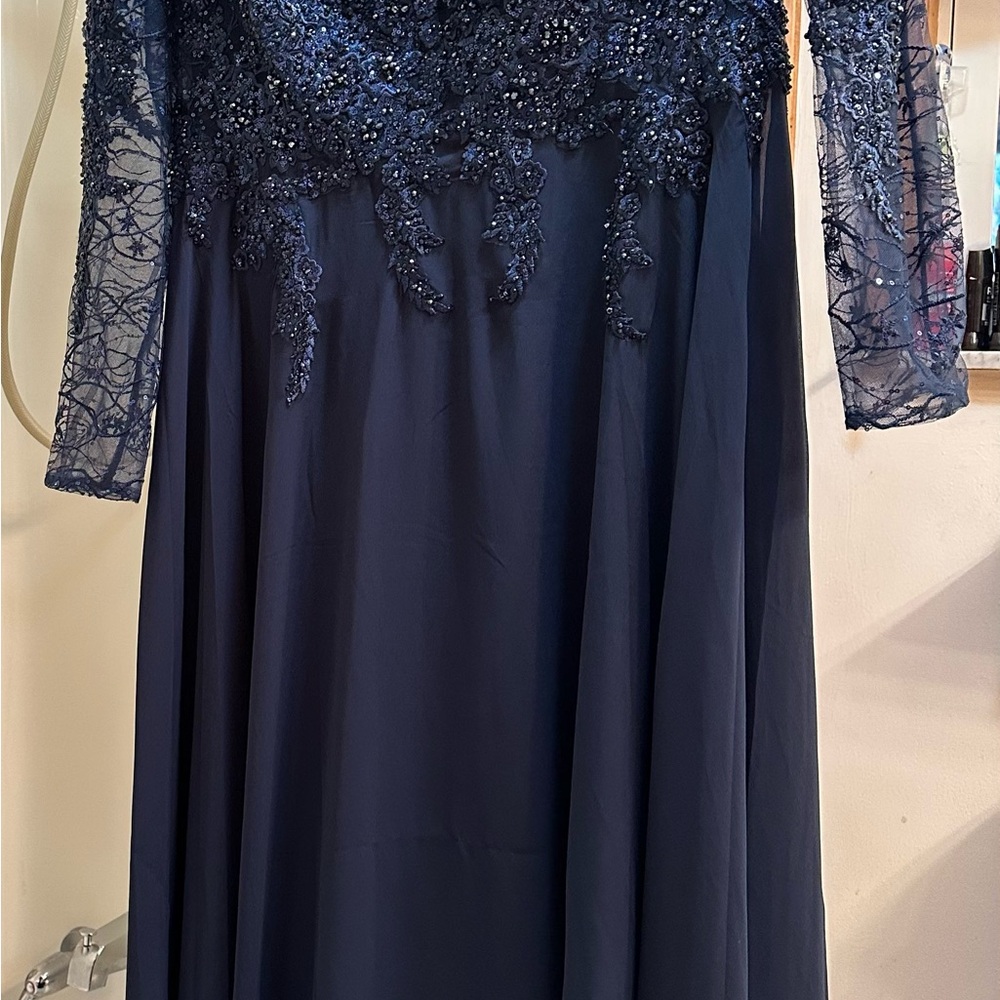 Mac Duggal Blue Sequin Tiered Gown with Bishop Sleeves